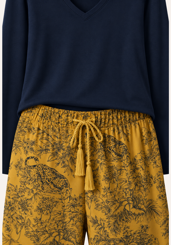 Plain Long Sleeve Body Top And Printed Pants Pajamas