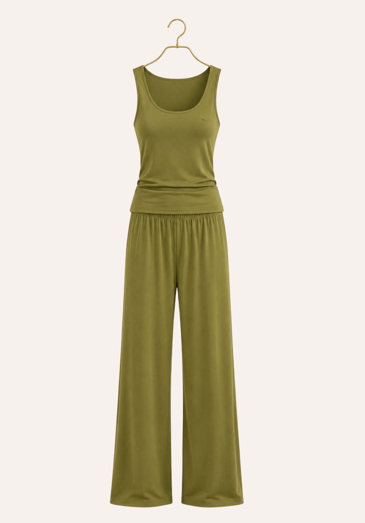 3 Pieces Set: Plain Long Robe And Long Wide-Cut Pants And Wide Shoulder Strap Tank Top