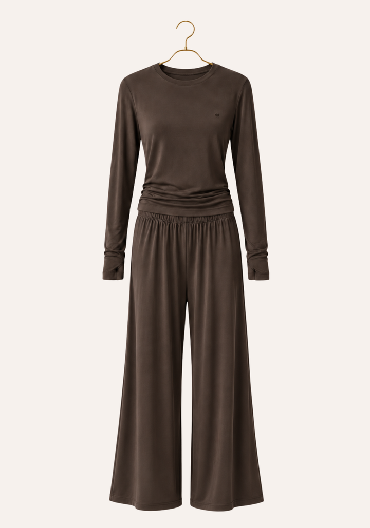 Plain Long Sleeve Body Top And Wide-Cut Pants Pajamas