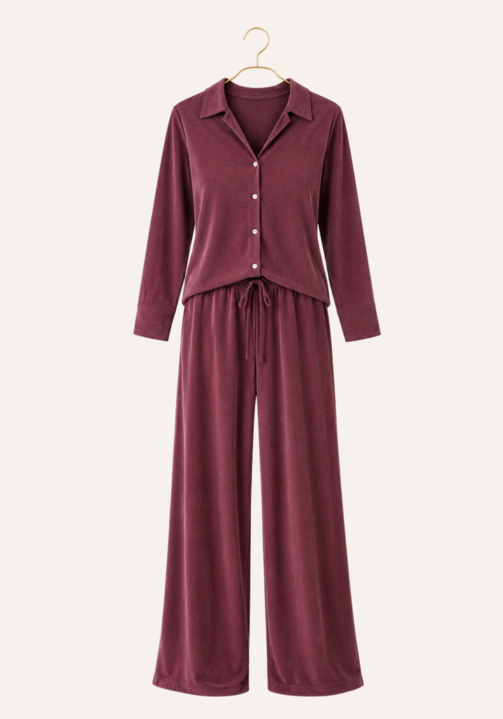 Plain Collar Button Long Sleeve Top And Pants