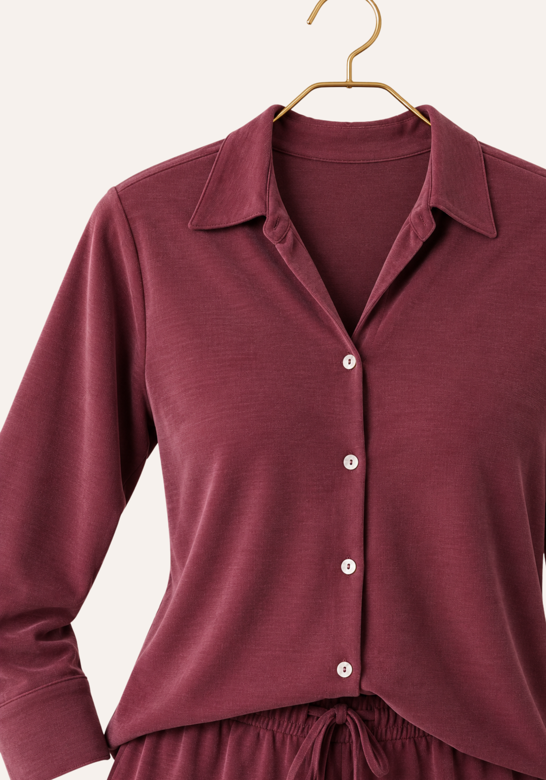 Plain Collar Button Long Sleeve Top And Pants