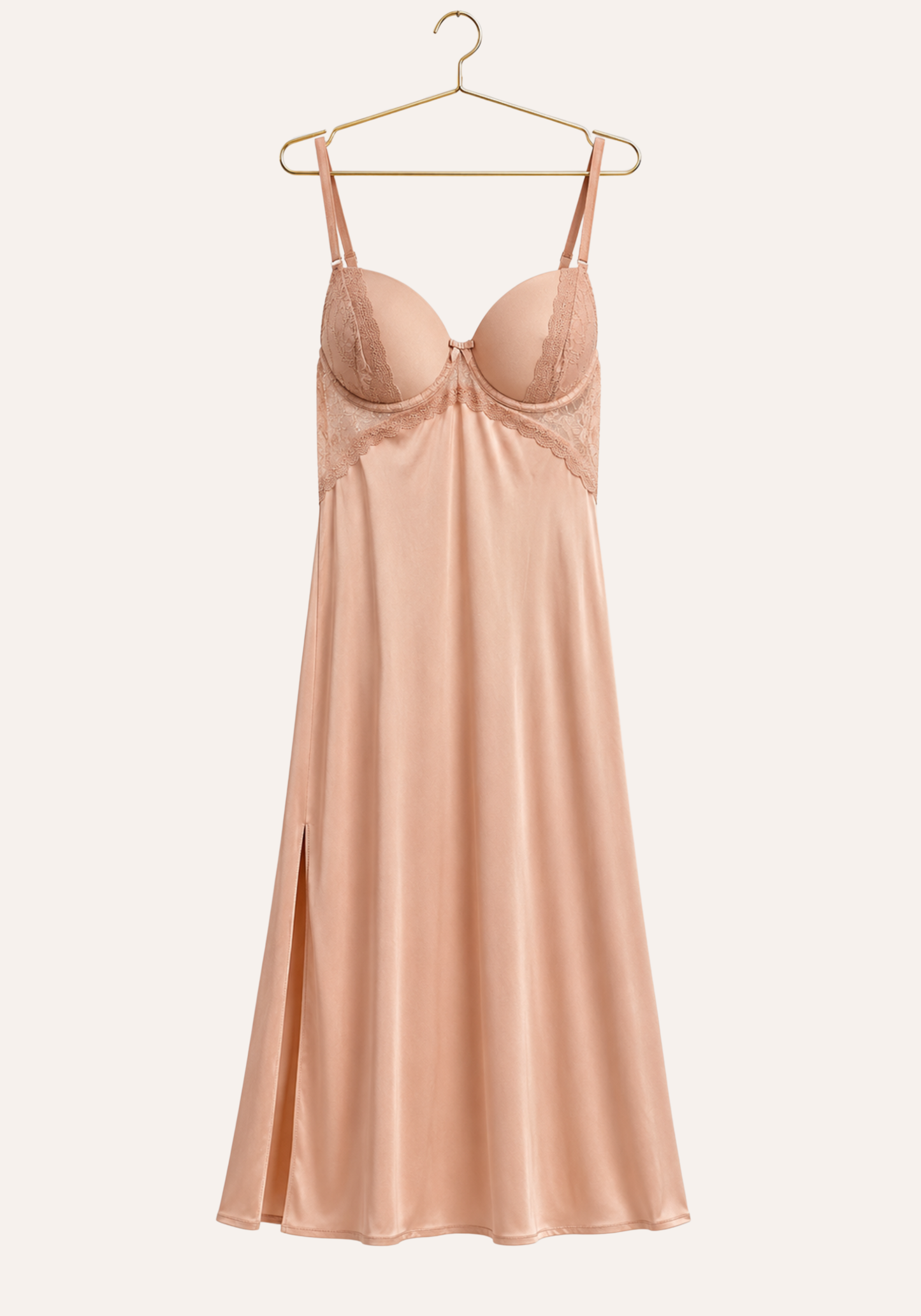 Lingerie Long Robe Set: Satin Padded Underwire Cup Long Nighty And Schiffon Long Robe With Ruffles On The Sleeves