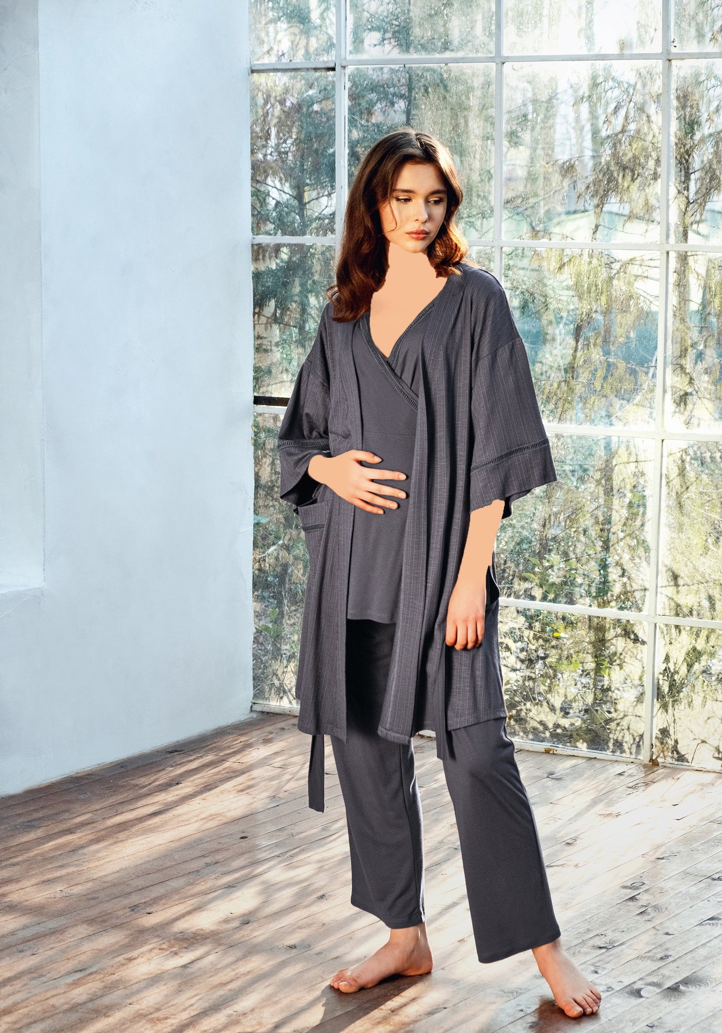 Viscose 3 Piece Maternal Robe Pajamas Set