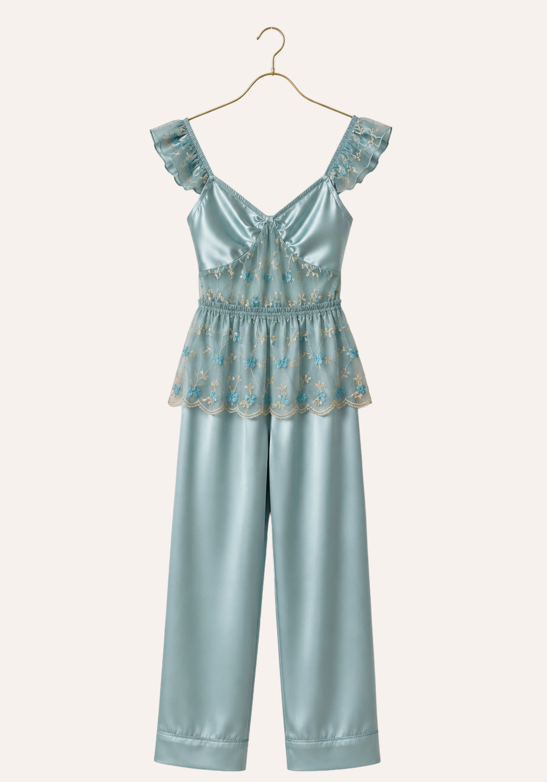 Satin Pajamas: Sleeveless Top With Lace Detail And Satin Pants