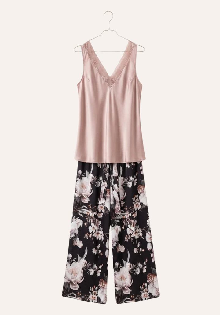 Lingerie Pajama: Satin Sleeveless V-Lace Plain Top And Satin Floral Printed Pants
