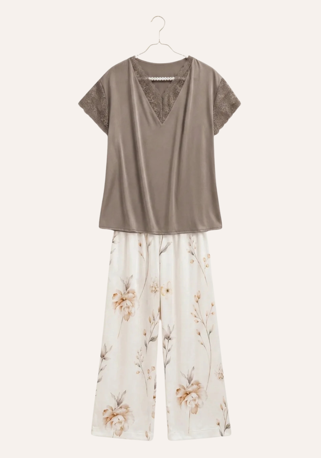 Lingerie Pajama: Satin Mega Sleeve V-Lace Shoulder Lace Plain Top And Satin Printed Pants