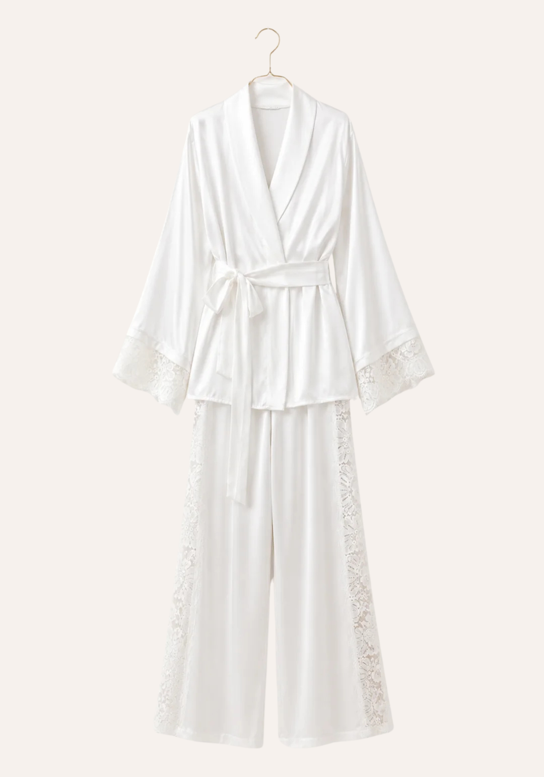 Satin Pajamas: Long Sleeves Robe Like Top And Pant With Lace Detail