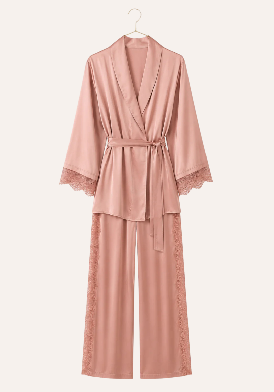 Satin Pajamas: Long Sleeves Robe Like Top And Pant With Lace Detail