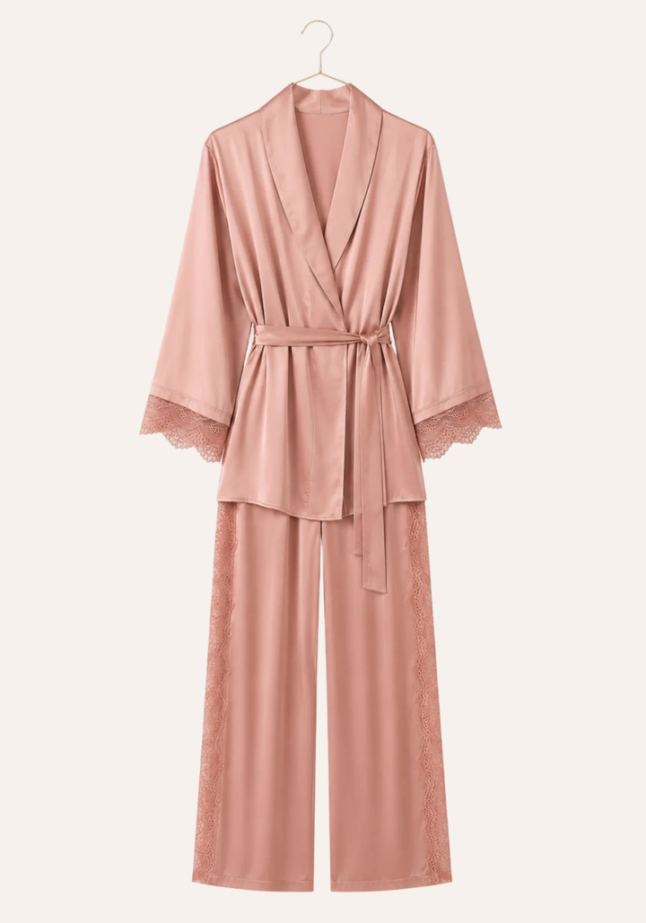 Satin Pajamas: Long Sleeves Robe Like Top And Pant With Lace Detail