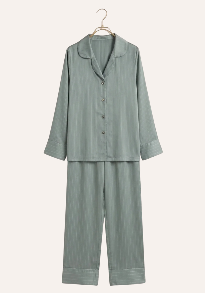 Lingerie Pajama: Satin Striped Collar Button Long Sleeve Top And Pant