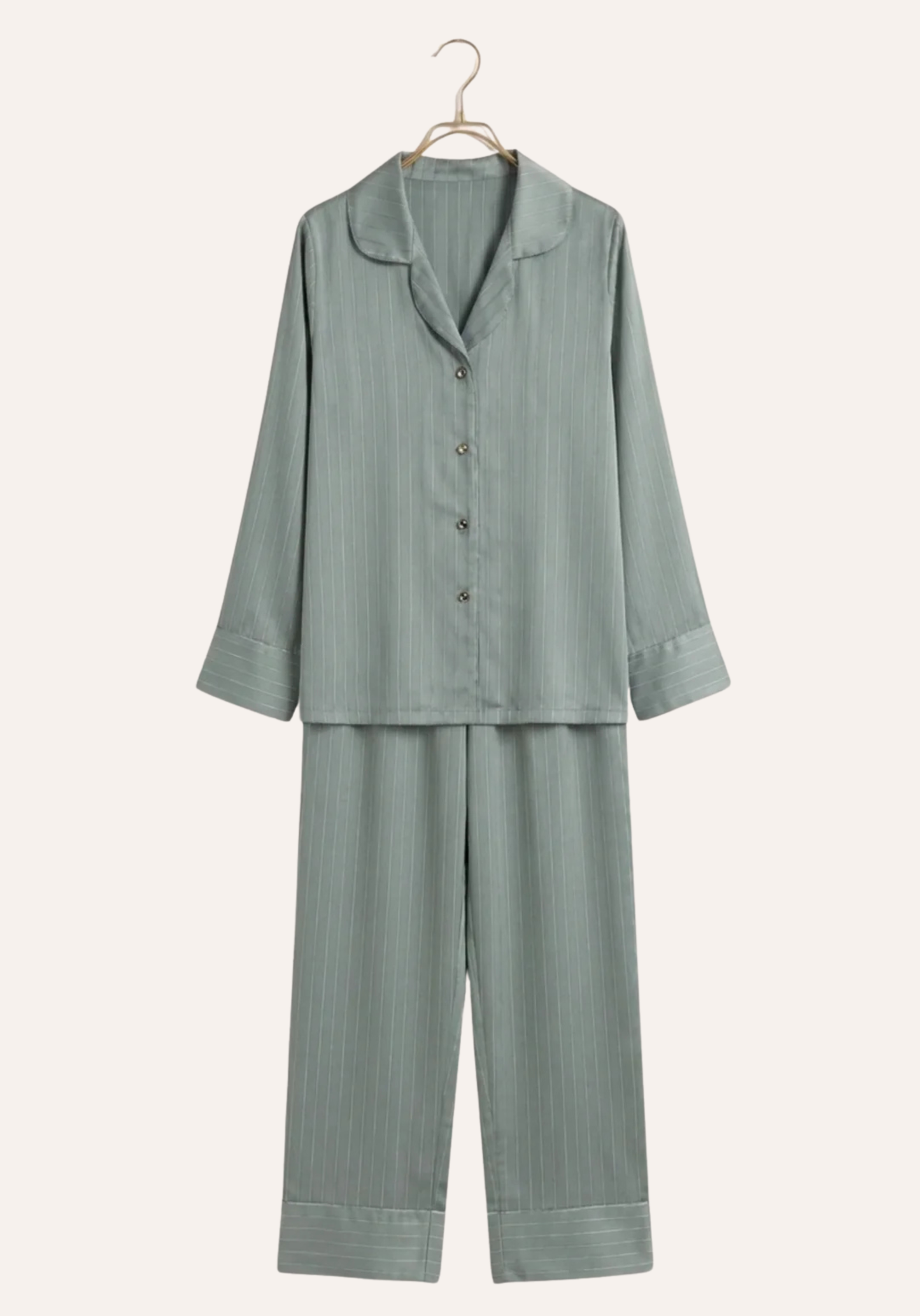 Lingerie Pajama: Satin Striped Collar Button Long Sleeve Top And Pant