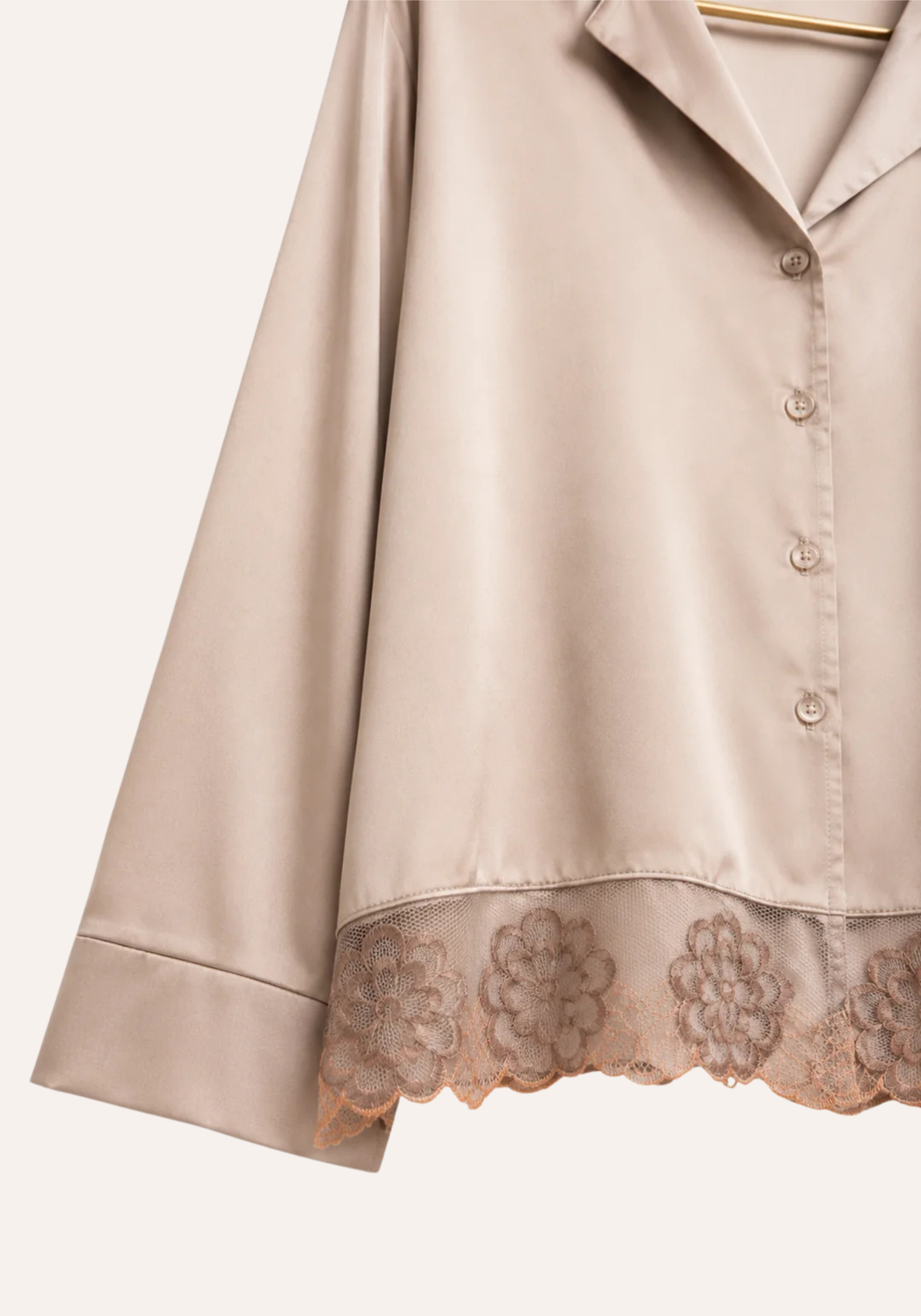 Satin Collar Button Long Sleeve With Lace Detail Pajamas