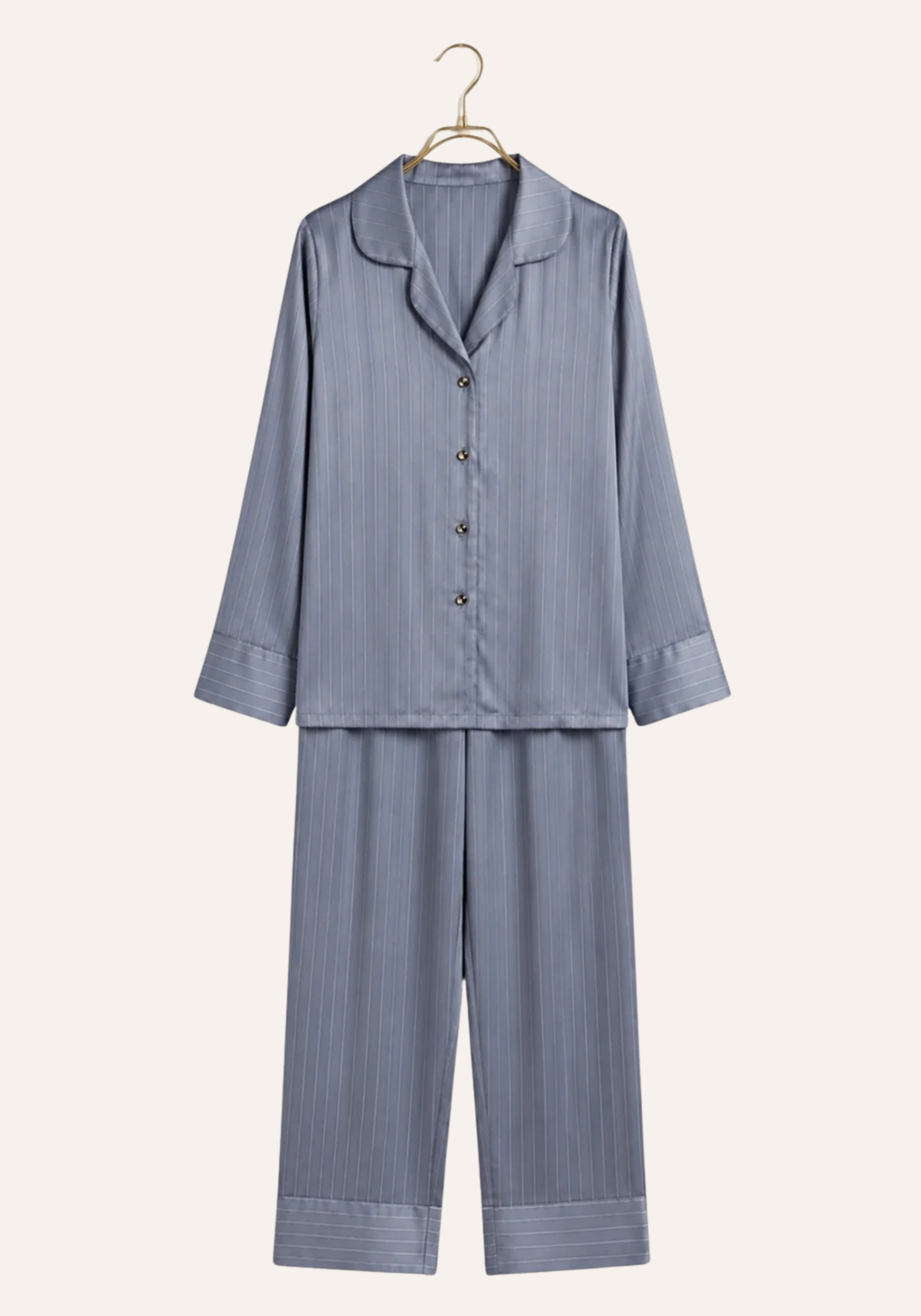 Lingerie Pajama: Satin Striped Collar Button Long Sleeve Top And Pant