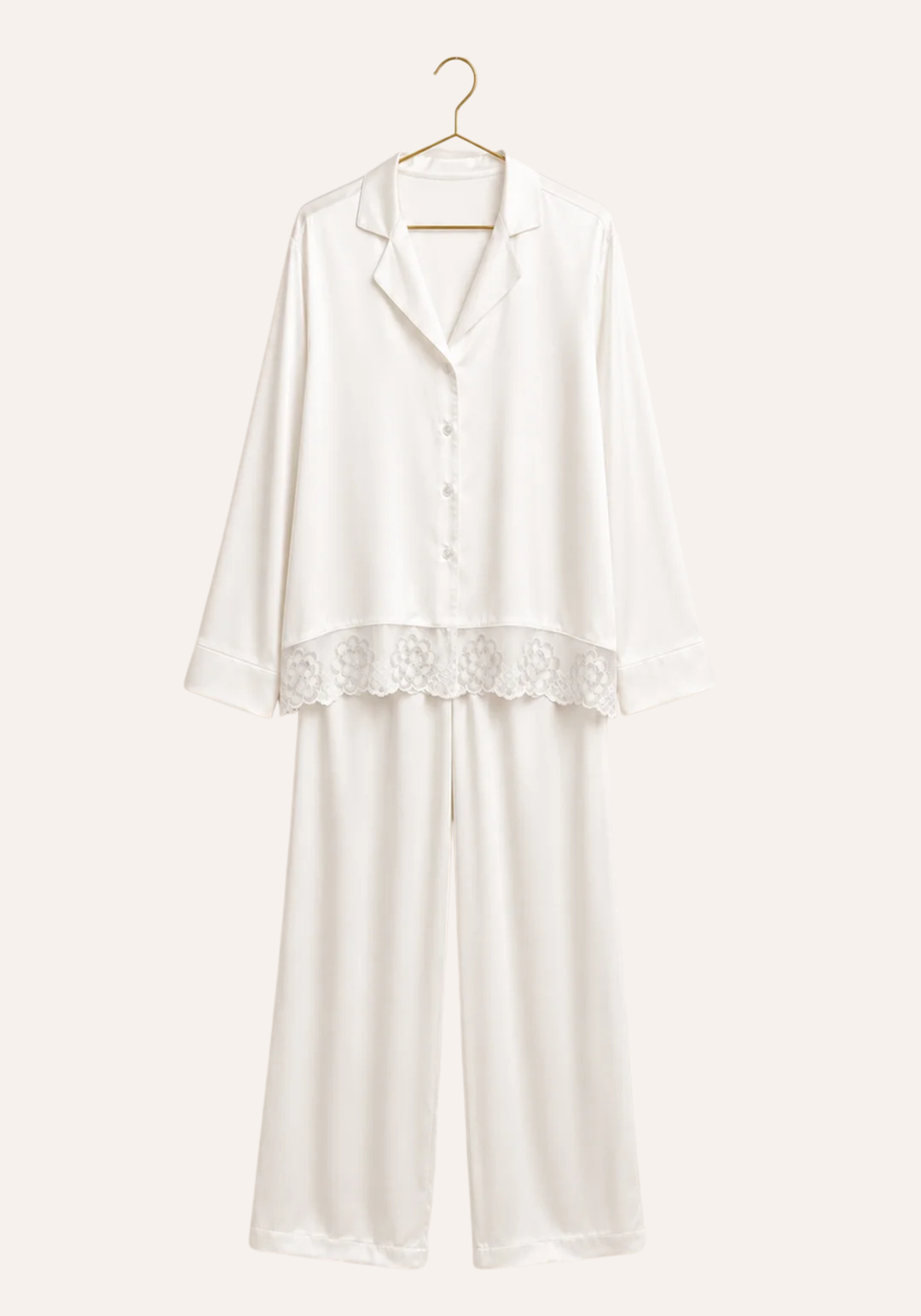 Satin Collar Button Long Sleeve With Lace Detail Pajamas