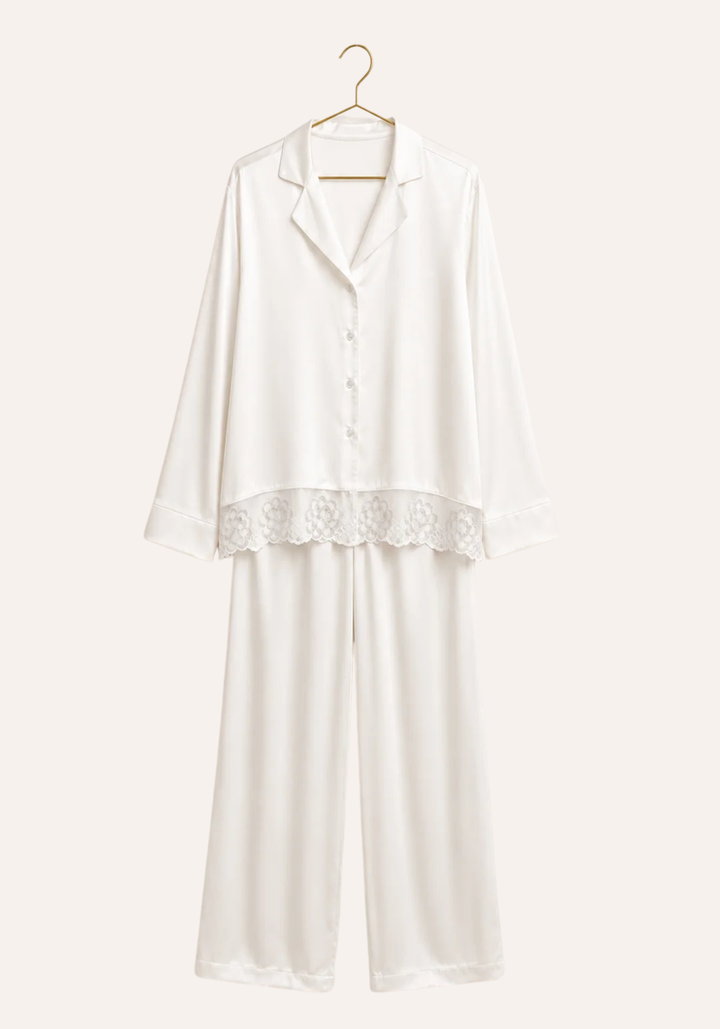 Satin Collar Button Long Sleeve With Lace Detail Pajamas
