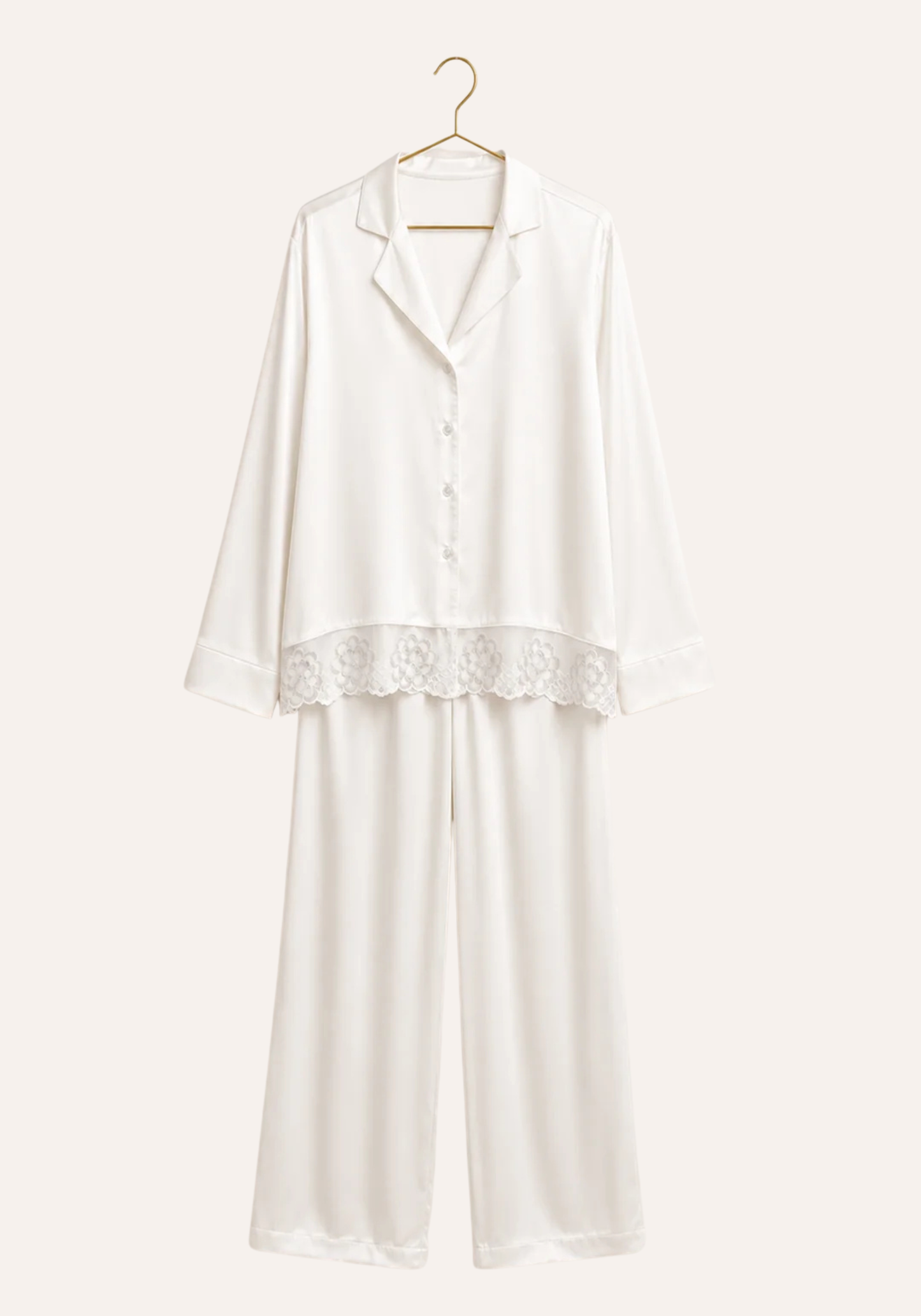 Satin Collar Button Long Sleeve With Lace Detail Pajamas