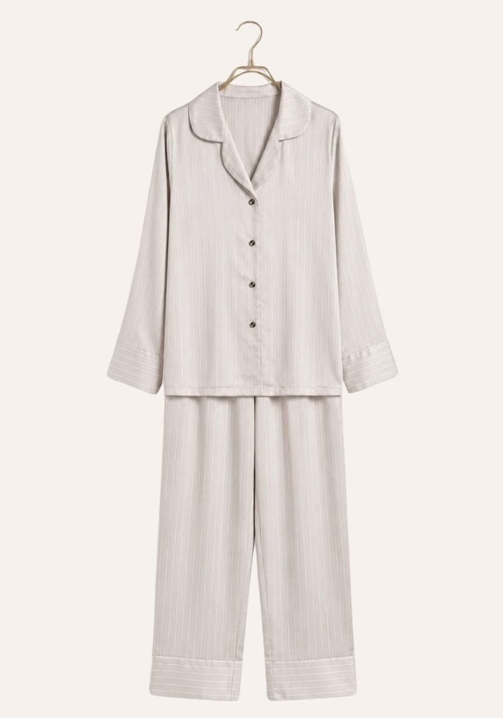 Lingerie Pajama: Satin Striped Collar Button Long Sleeve Top And Pant