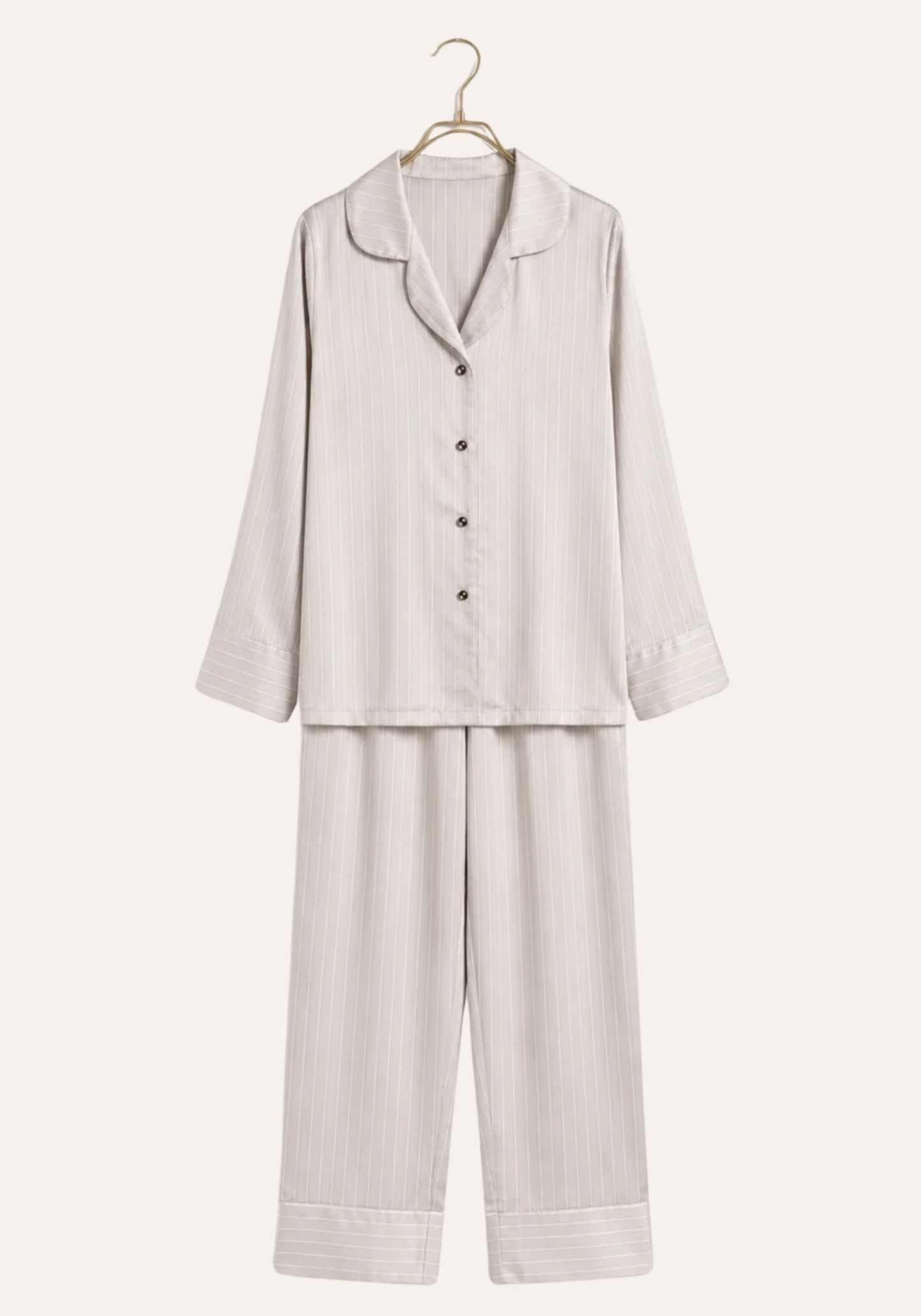 Lingerie Pajama: Satin Striped Collar Button Long Sleeve Top And Pant