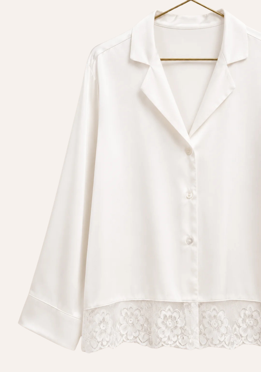 Satin Collar Button Long Sleeve With Lace Detail Pajamas