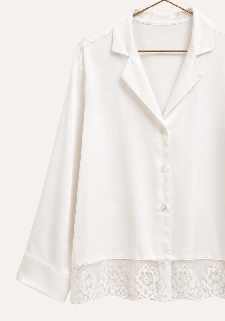 Satin Collar Button Long Sleeve With Lace Detail Pajamas