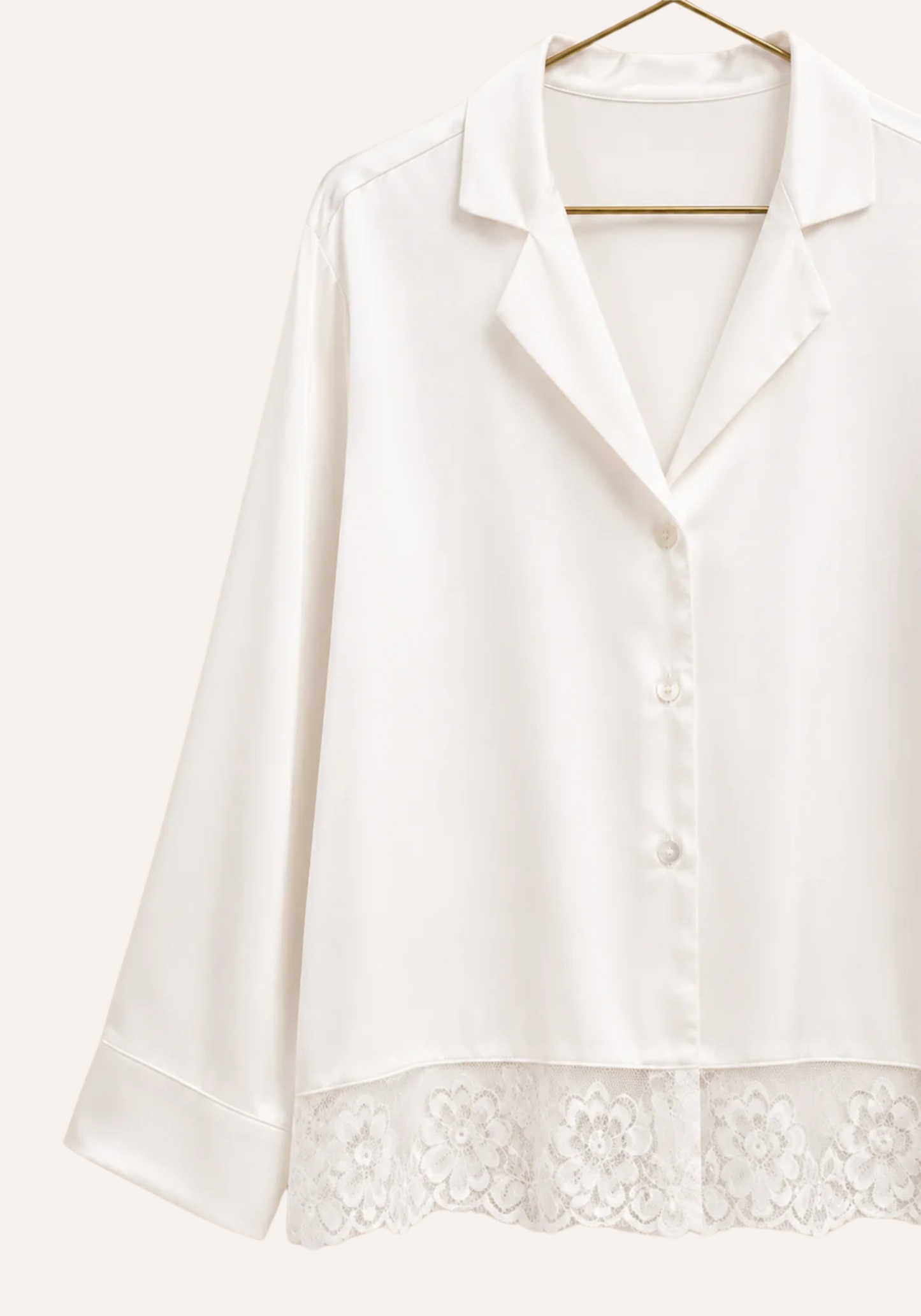 Satin Collar Button Long Sleeve With Lace Detail Pajamas