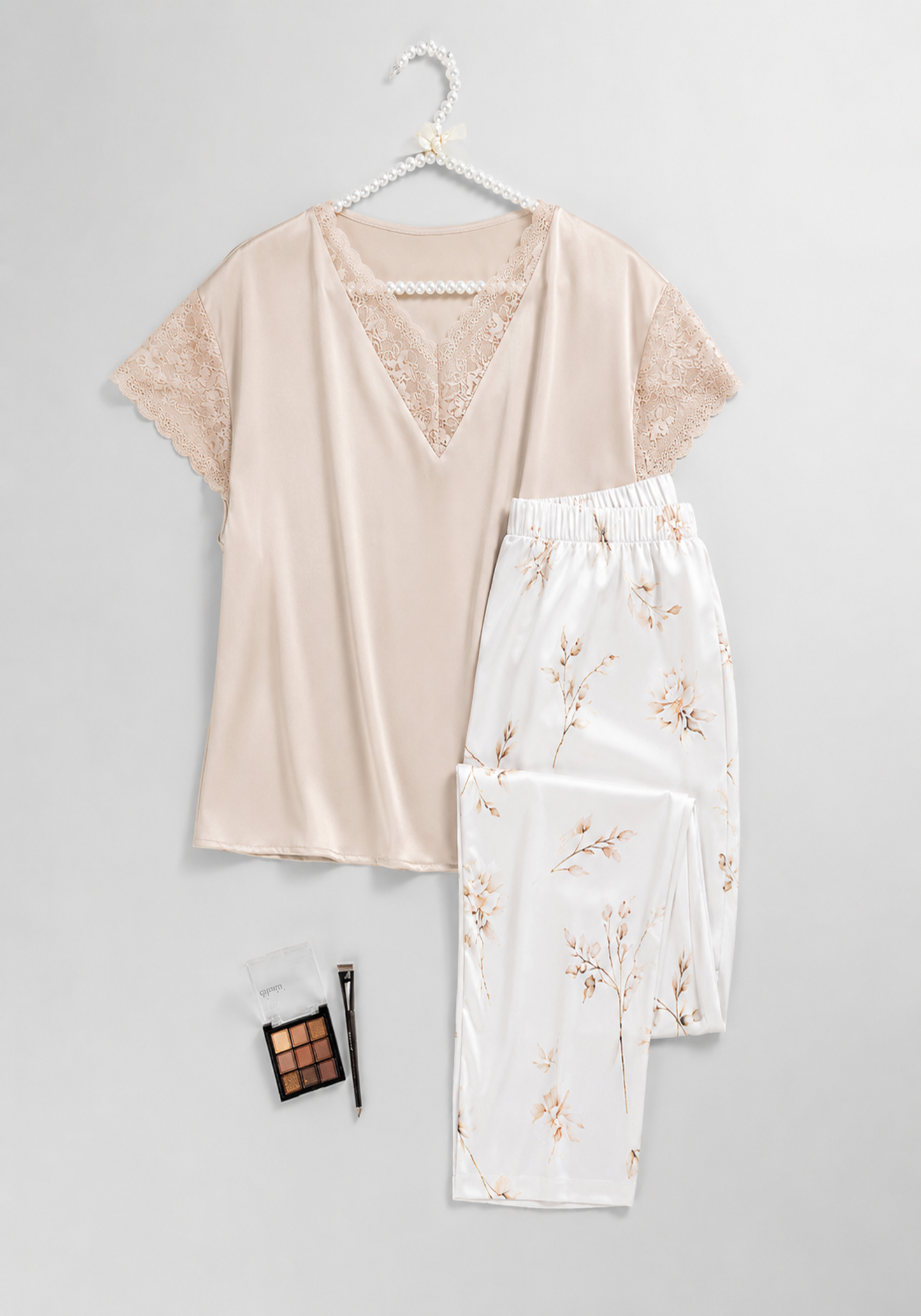 Lingerie Pajama: Satin Mega Sleeve V-Lace Shoulder Lace Plain Top And Satin Printed Pants