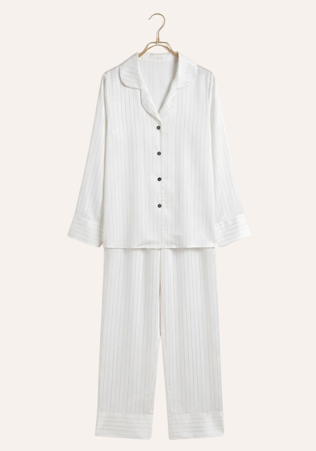 Lingerie Pajama: Satin Striped Collar Button Long Sleeve Top And Pant