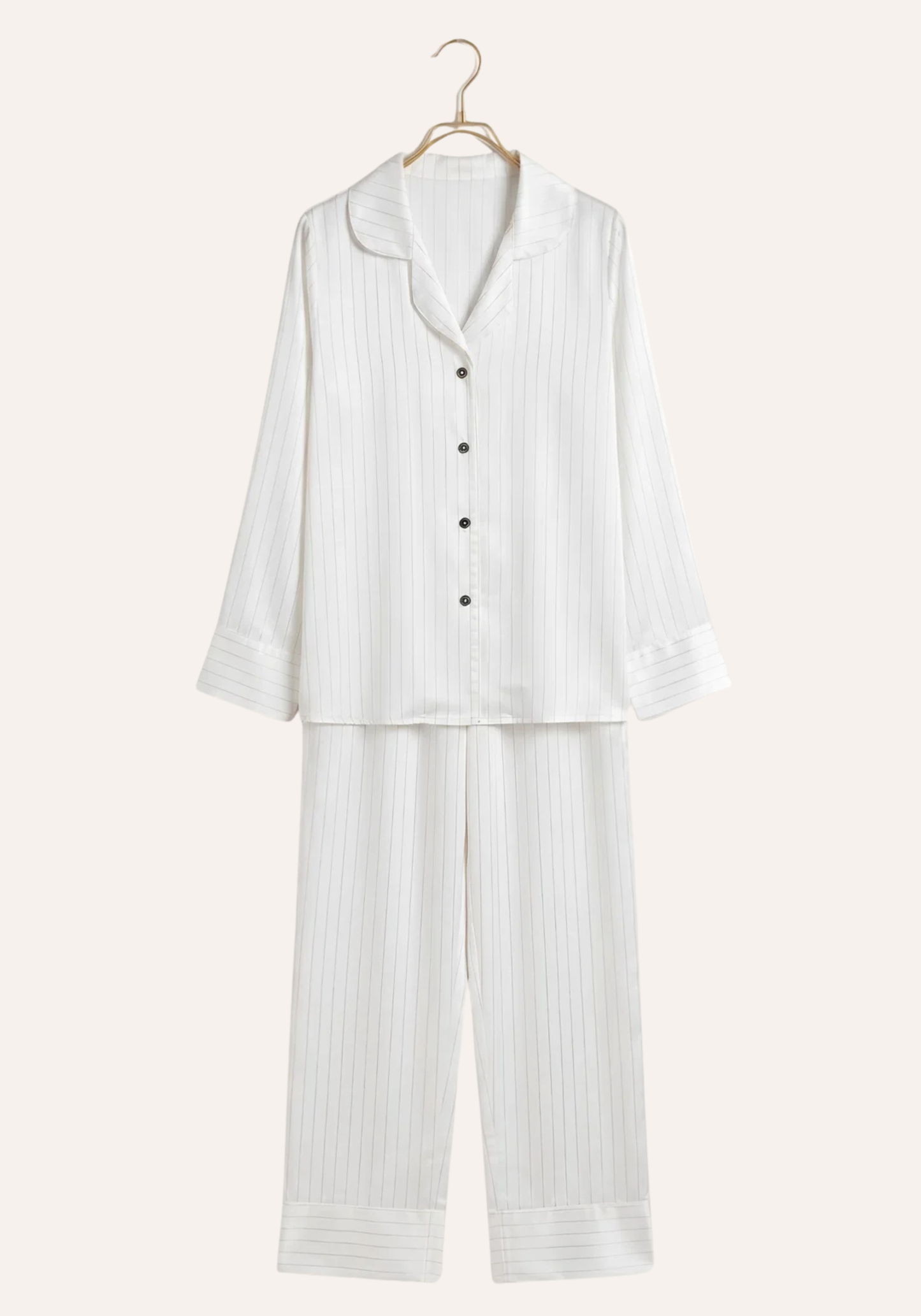 Lingerie Pajama: Satin Striped Collar Button Long Sleeve Top And Pant