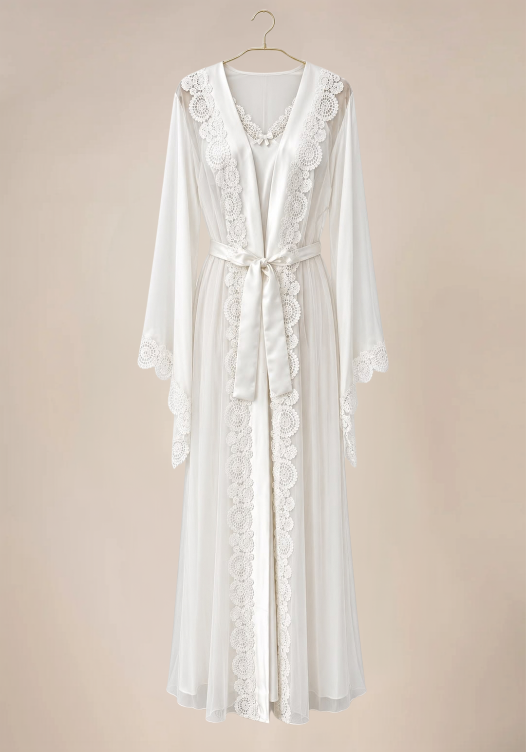 Shoulder Strap Long Nighty And Long Robe With Lace Details