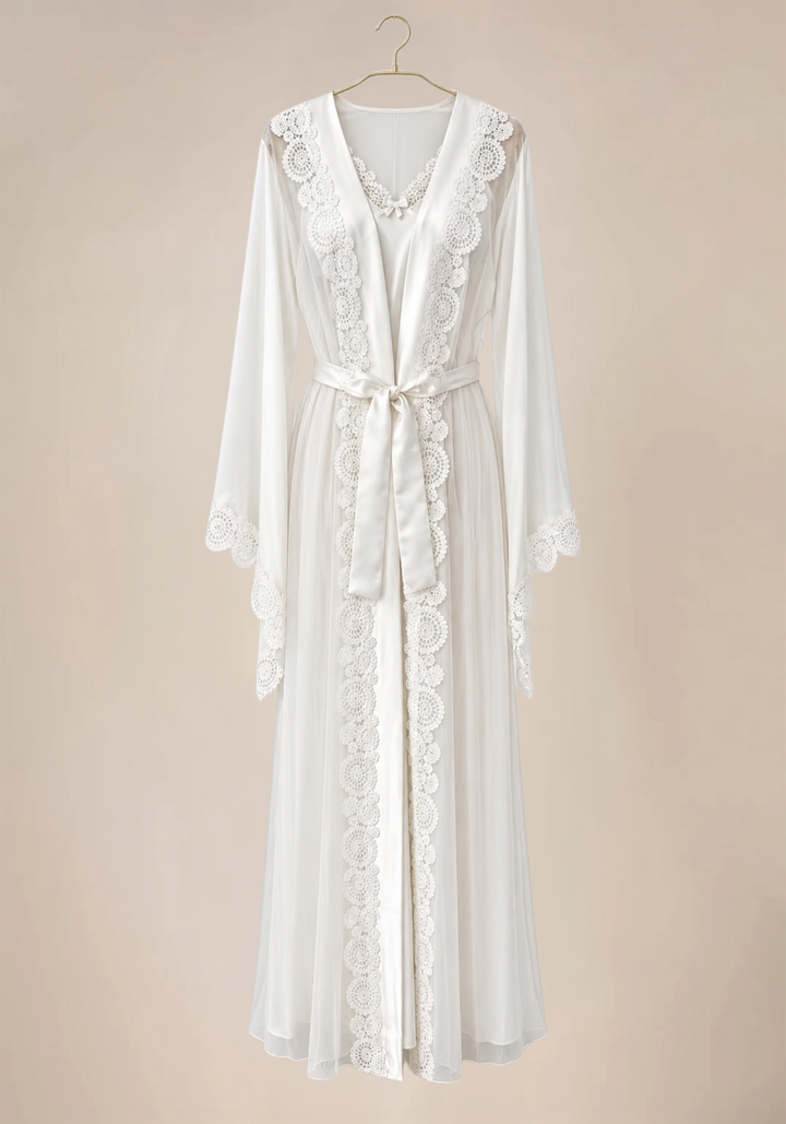 Shoulder Strap Long Nighty And Long Robe With Lace Details