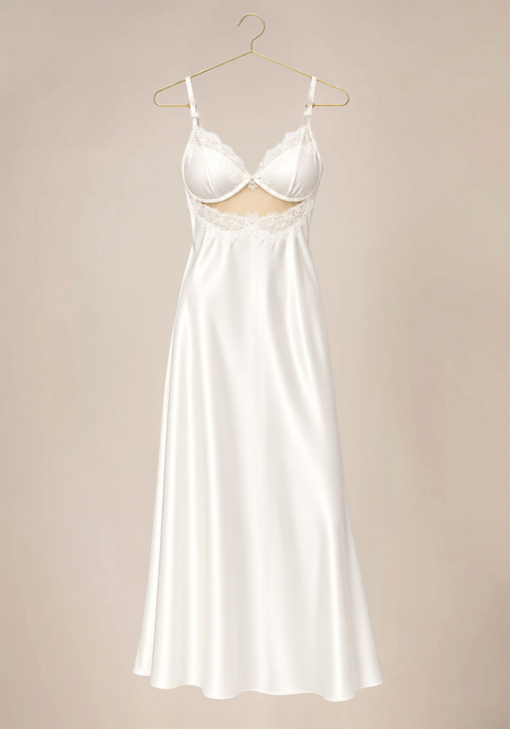 Shoulder Strap Padded Cups Long Nighty And Tulle Robe With Lace Detail