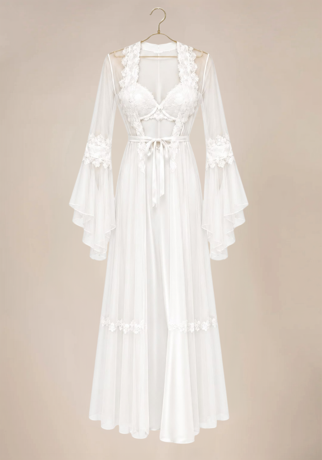 Shoulder Strap Padded Cups Long Nighty And Tulle Robe With Lace Detail