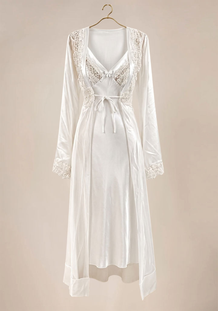 Shoulder Strap Long Nighty And Long Robe With Lace Details