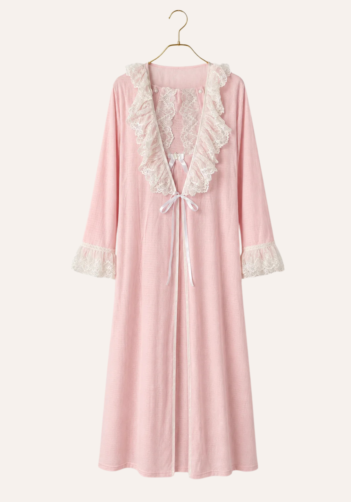 Maternal Long Robe Set: Long Nighty With Button Dantel Front And Long Robe With Dantel Sleeve Ending