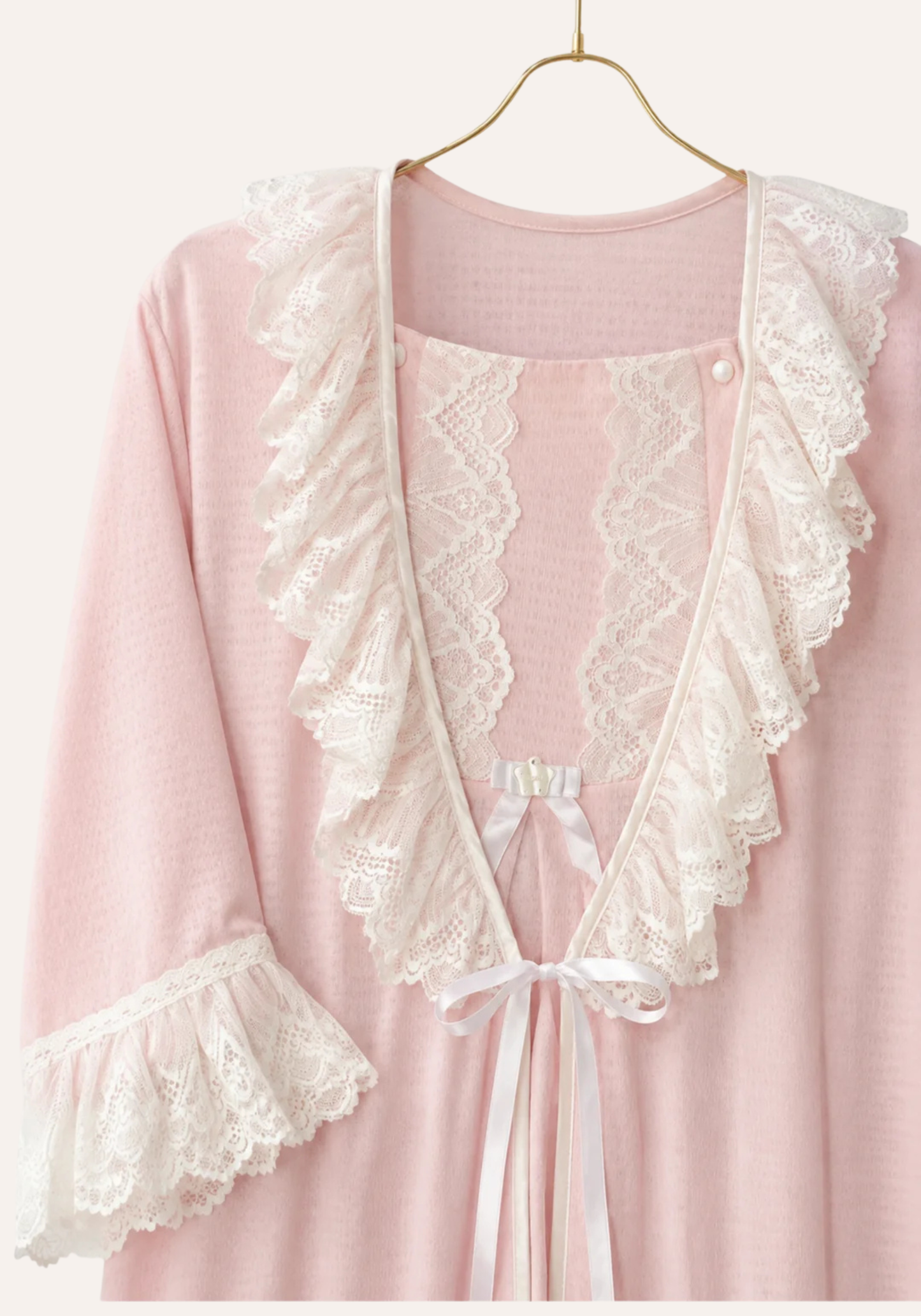 Maternal Long Robe Set: Long Nighty With Button Dantel Front And Long Robe With Dantel Sleeve Ending