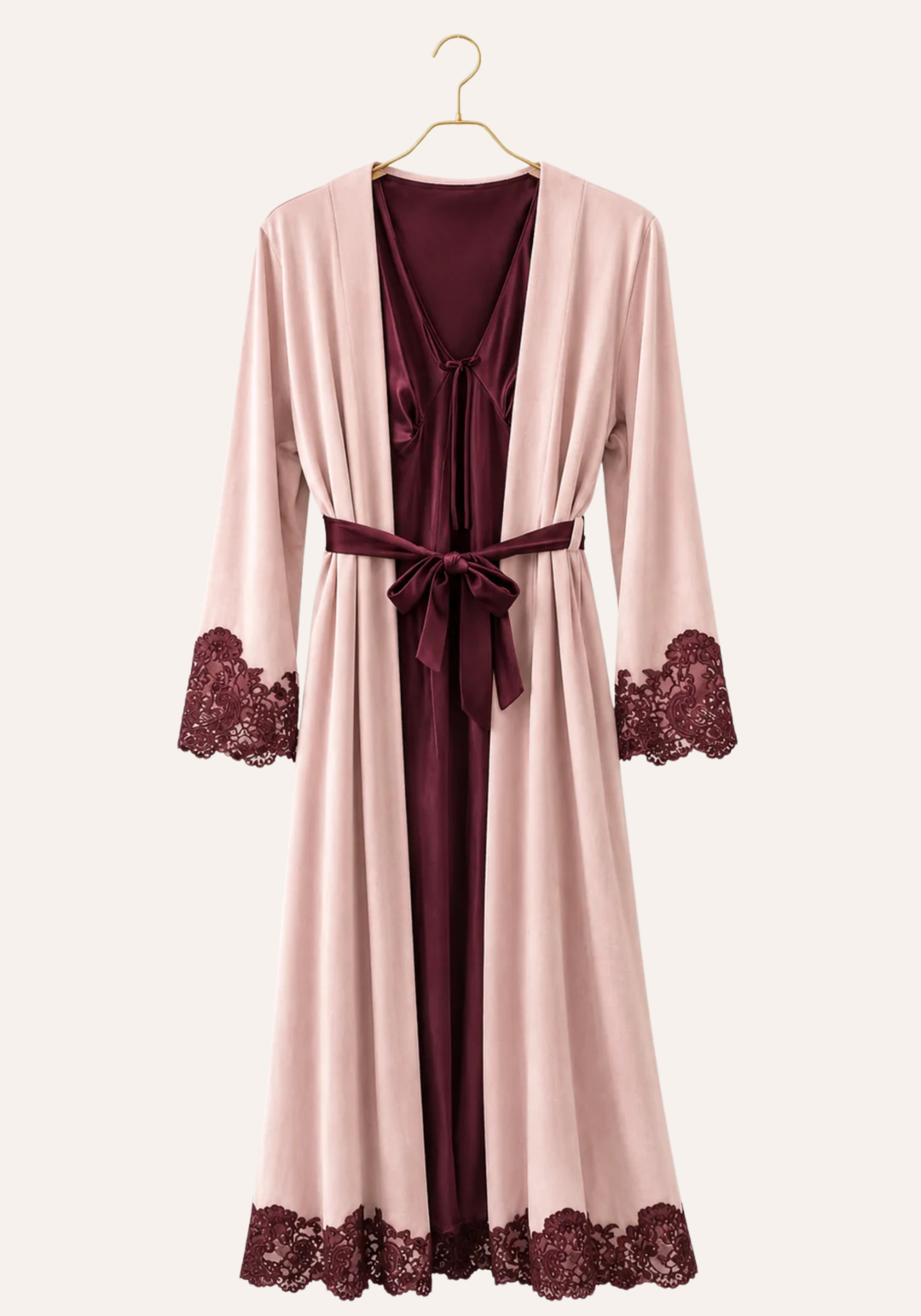 Velour Satin Robe Set: Velour Long Sleeve Long Robe And Satin Long Nighty