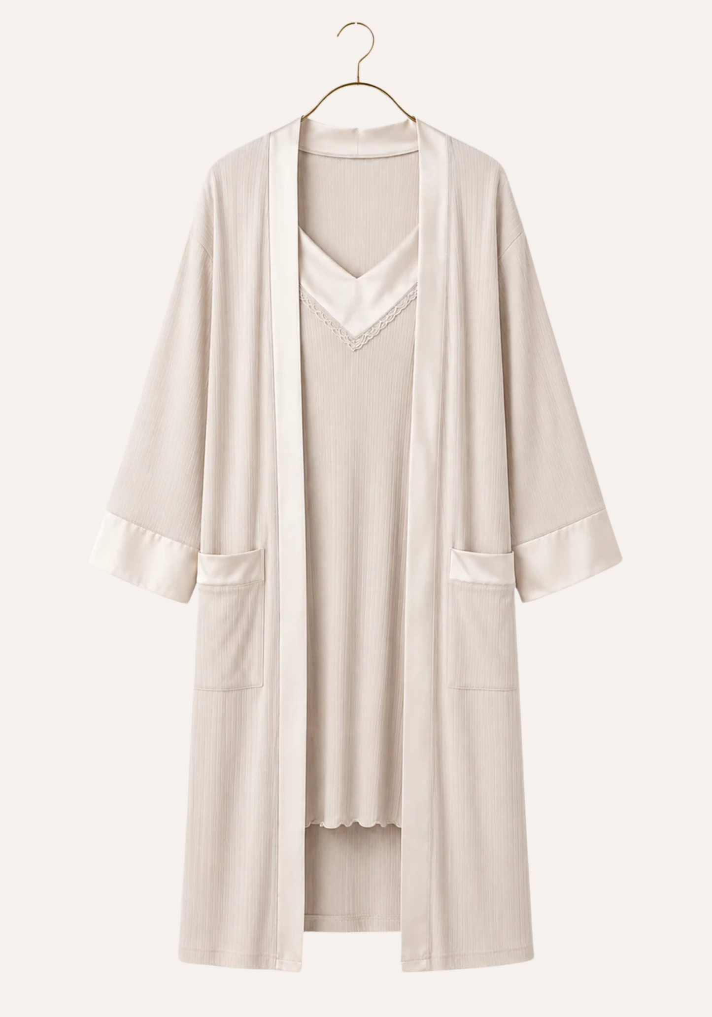 Plain Chords Shoulder Strap Nighty And Long Sleeve Robe Set