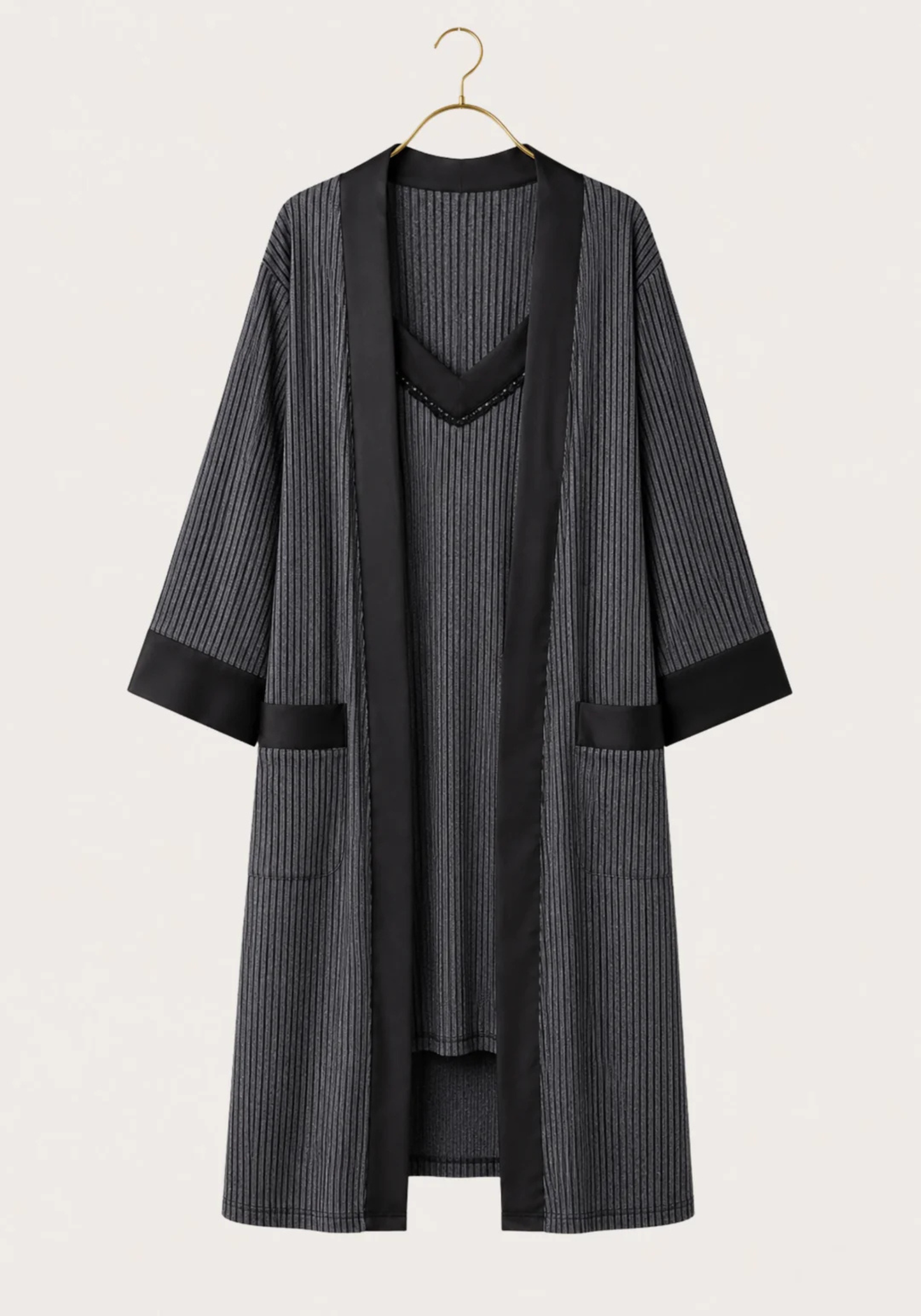 Plain Chords Shoulder Strap Nighty And Long Sleeve Robe Set