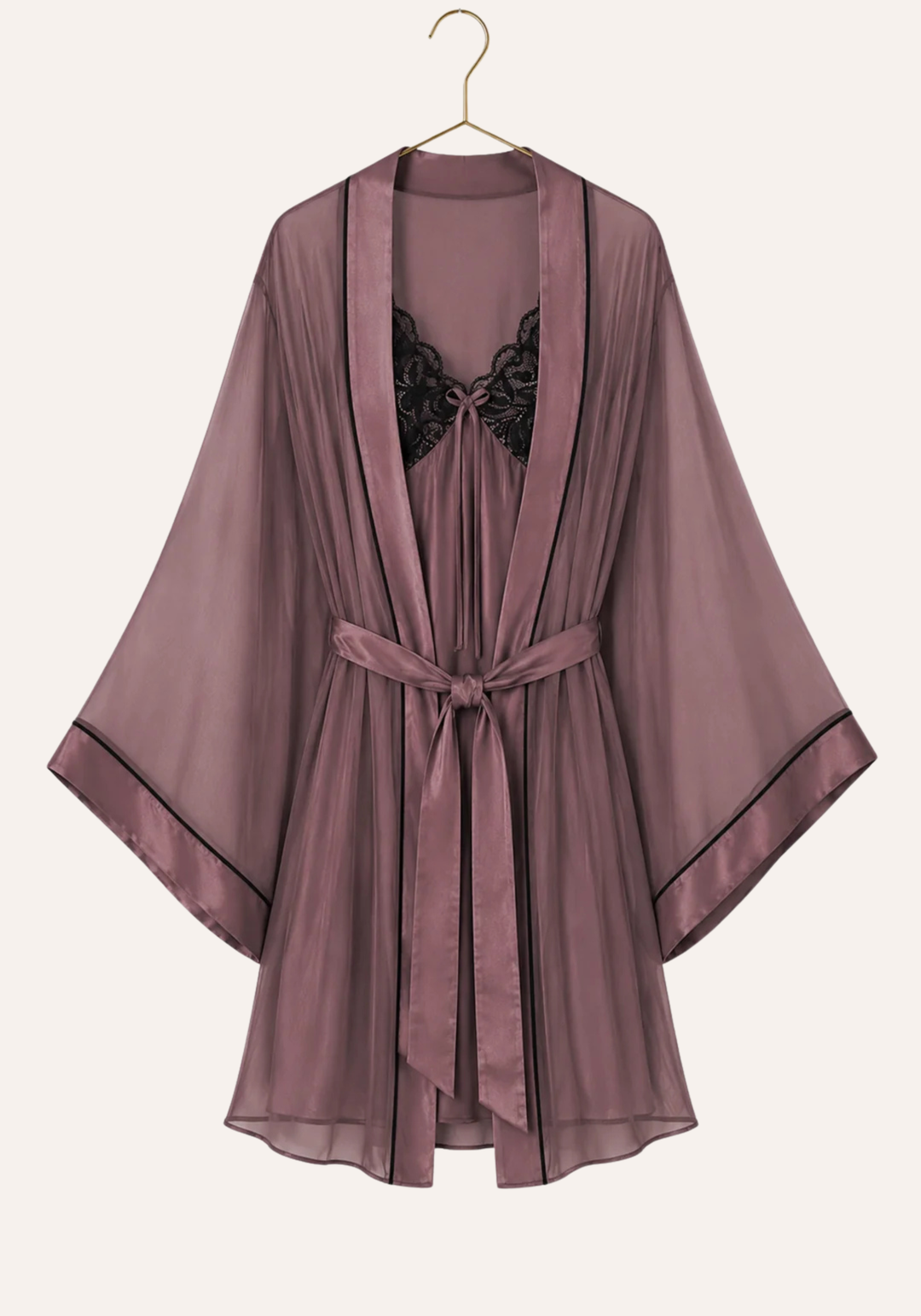 Schiffon Satin Short Robe Set: Satin Babydoll With Dantel On Cups And Schiffon Robe