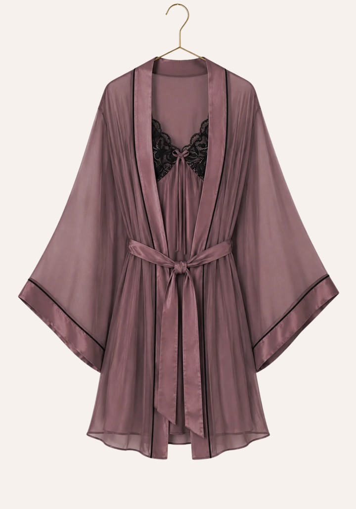 Schiffon Satin Short Robe Set: Satin Babydoll With Dantel On Cups And Schiffon Robe
