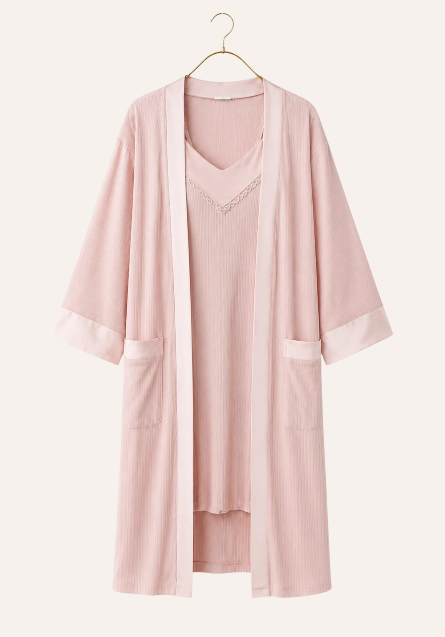 Plain Chords Shoulder Strap Nighty And Long Sleeve Robe Set