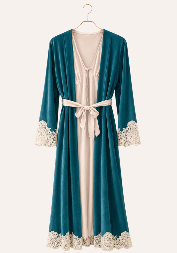 Velour Satin Robe Set: Velour Long Sleeve Long Robe And Satin Long Nighty