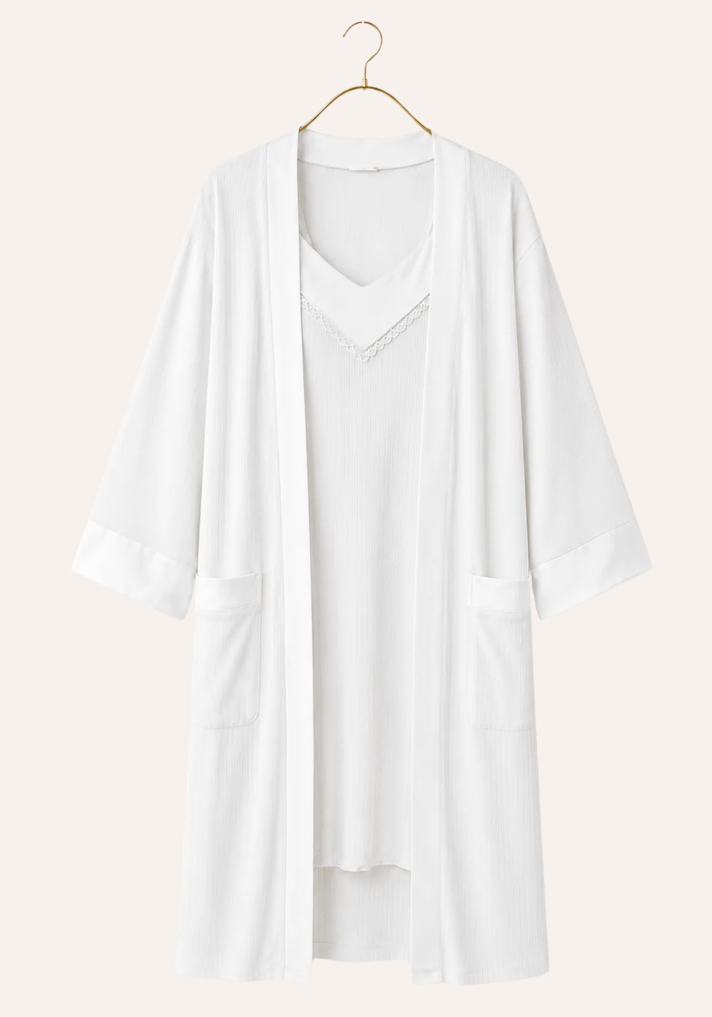 Plain Chords Shoulder Strap Nighty And Long Sleeve Robe Set