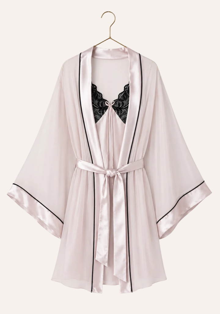Schiffon Satin Short Robe Set: Satin Babydoll With Dantel On Cups And Schiffon Robe