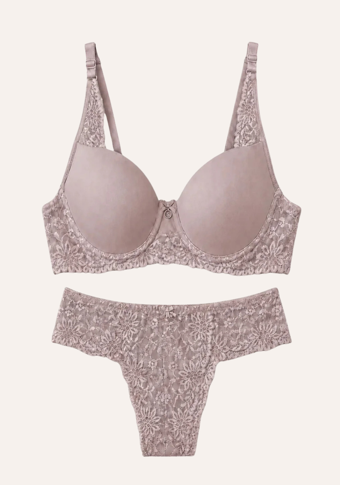 Lingerie Bra Set: Plain Padded Cup Bra With Lace Detail And Full Dantel Panty