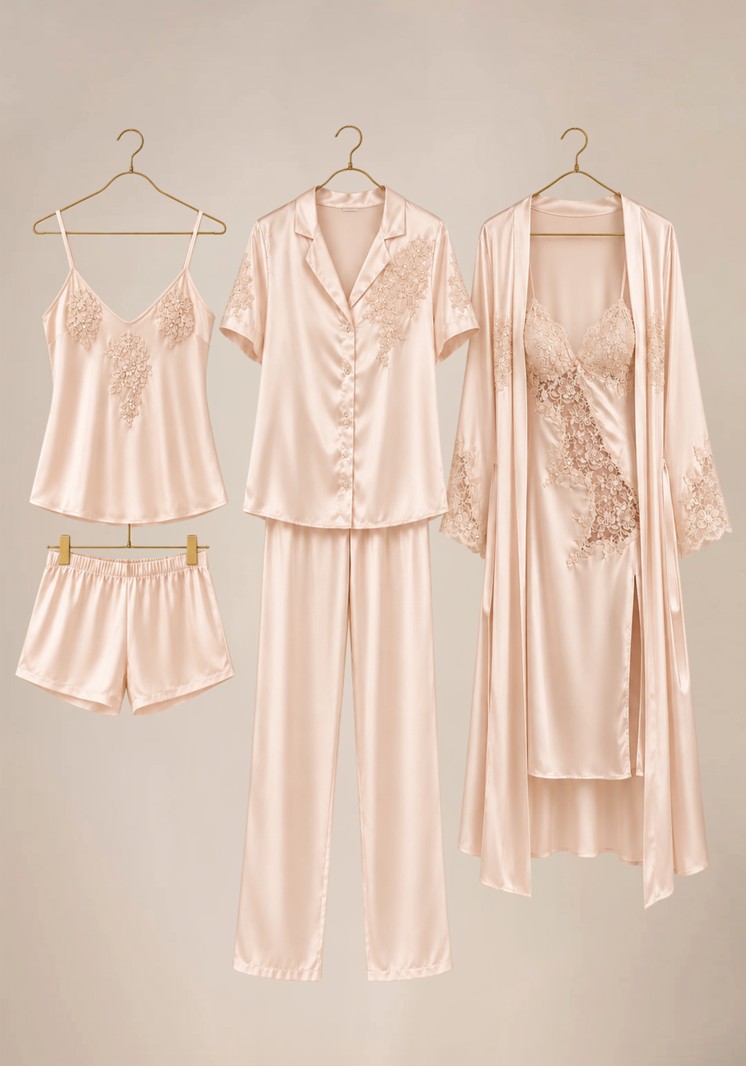 Set Of 6: Cami, Short, Short Sleeve Top, Pant, Long Nighty, Robe