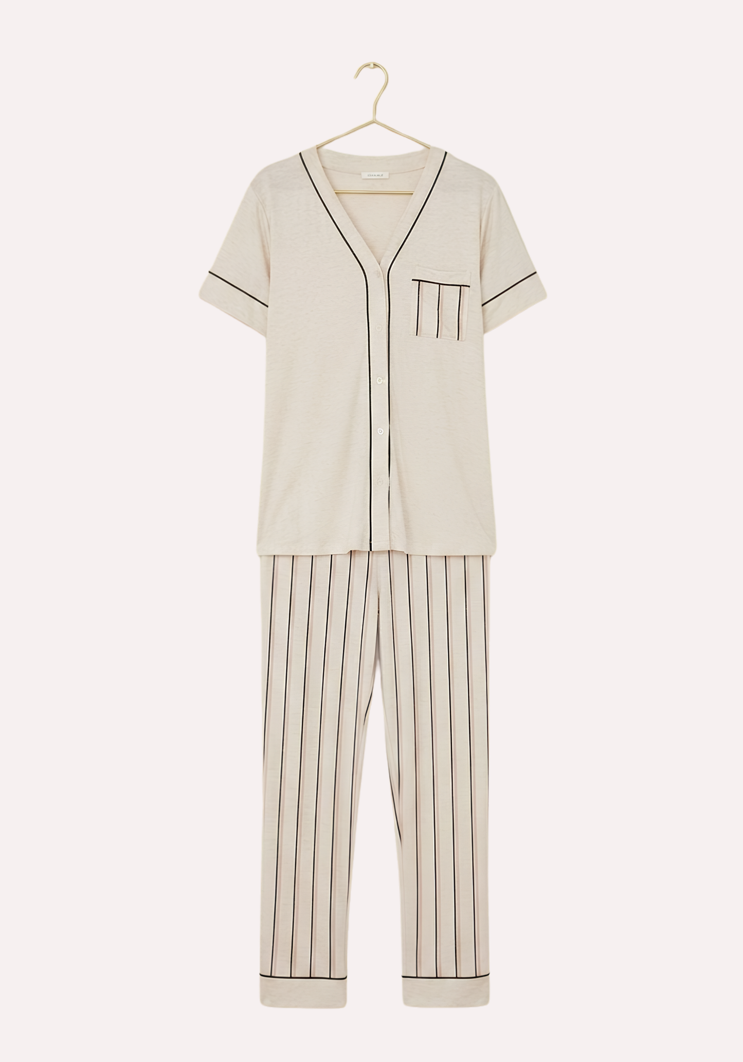 V-Neck Button Top And Striped Pant Short Sleeve Pajama