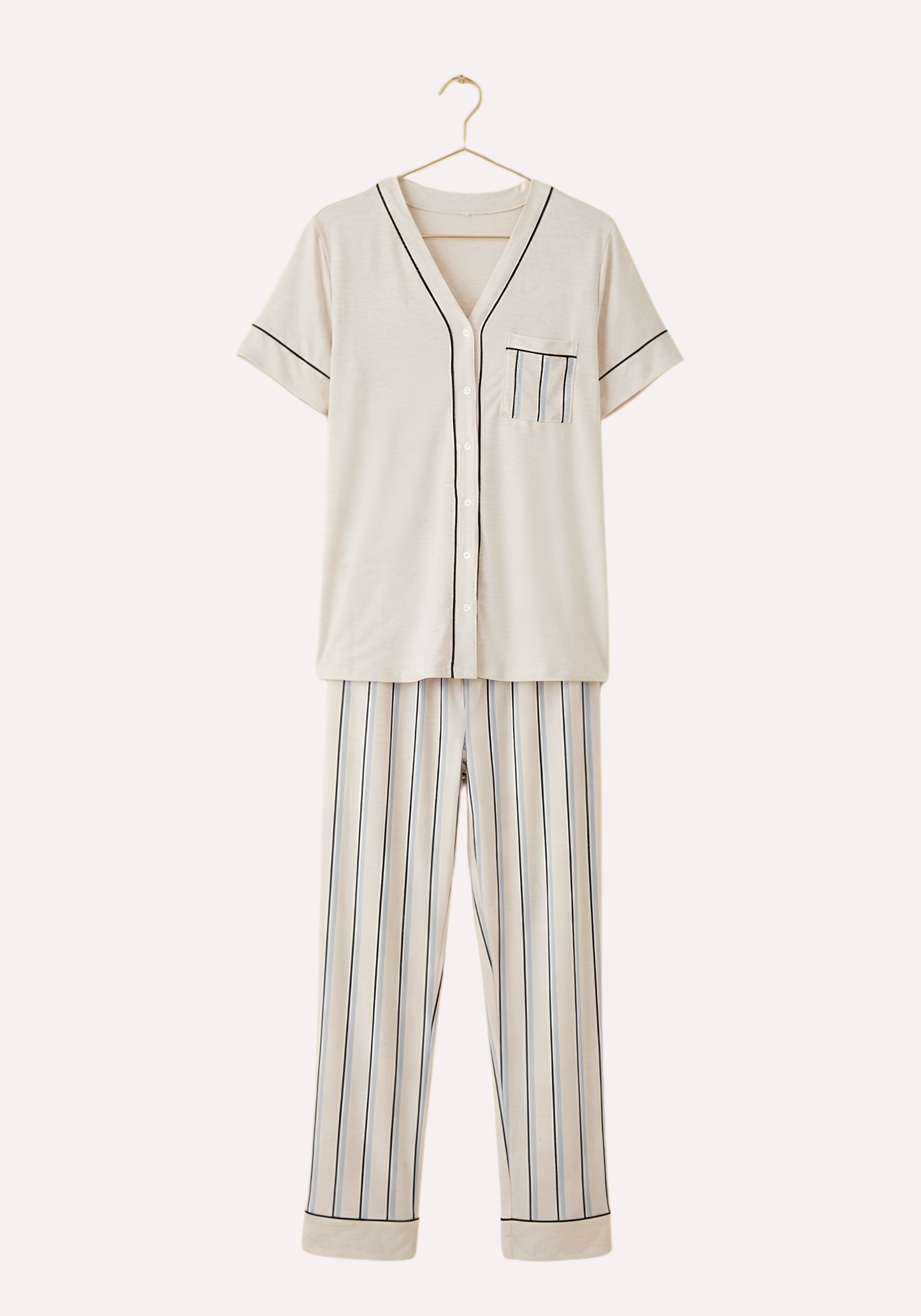 V-Neck Button Top And Striped Pant Short Sleeve Pajama