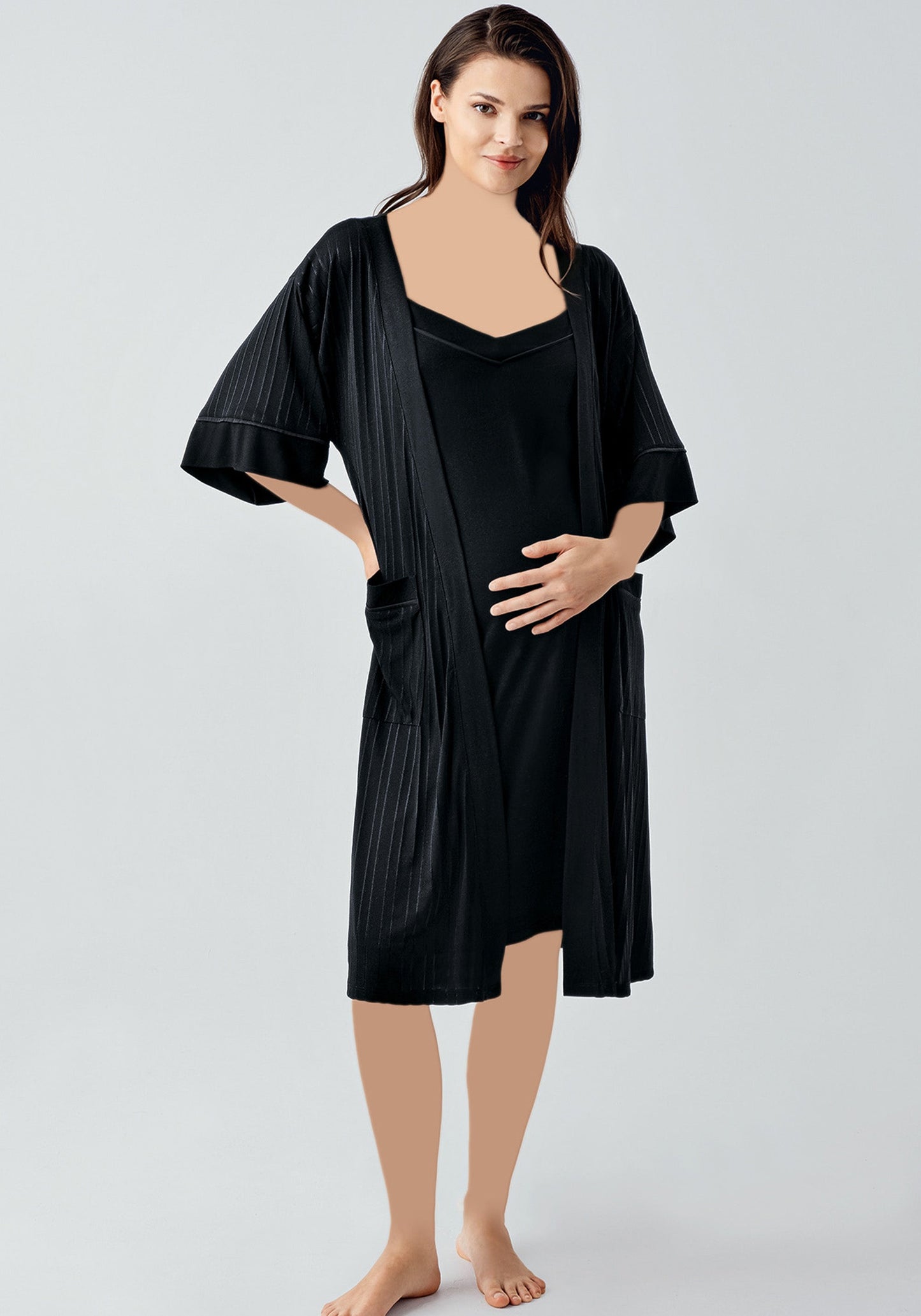 طقم جاكار للأمومة مكون من قطعتين، رداء مخطط وقميص نوم