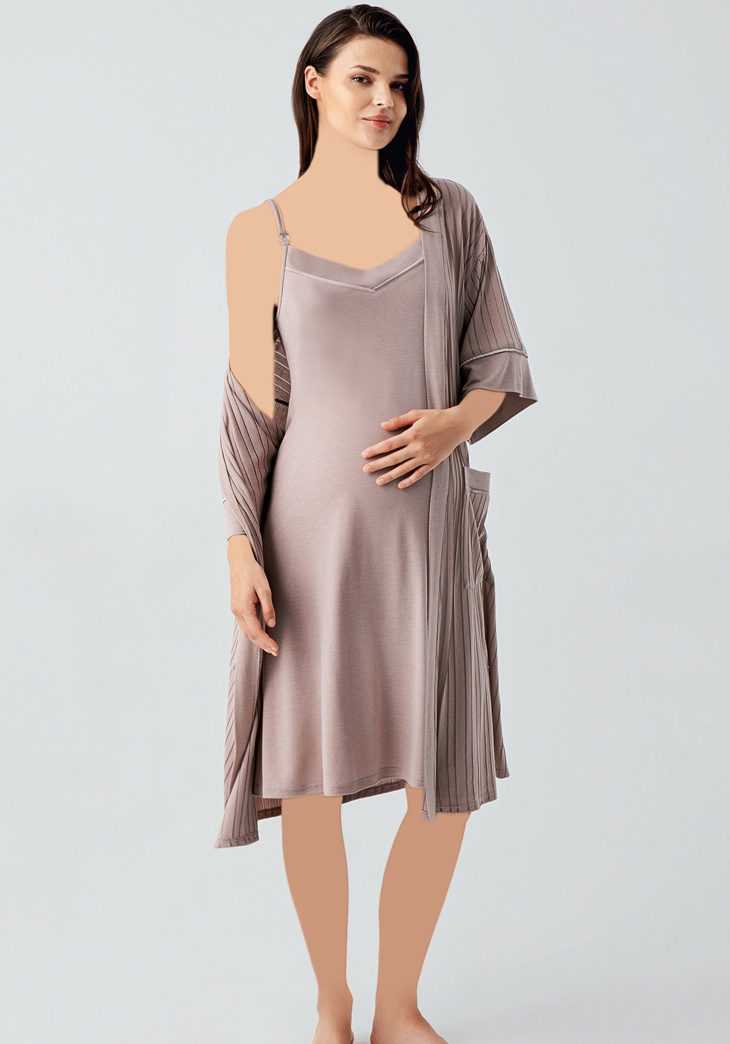 طقم جاكار للأمومة مكون من قطعتين، رداء مخطط وقميص نوم